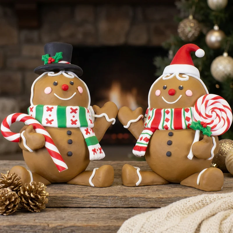 Lebkuchenfiguren 14 cm Tischdeko – 2 Designs mit Weihnachtsmannmütze, Schneemann-Zylinder, Zuckerstange & Lolli