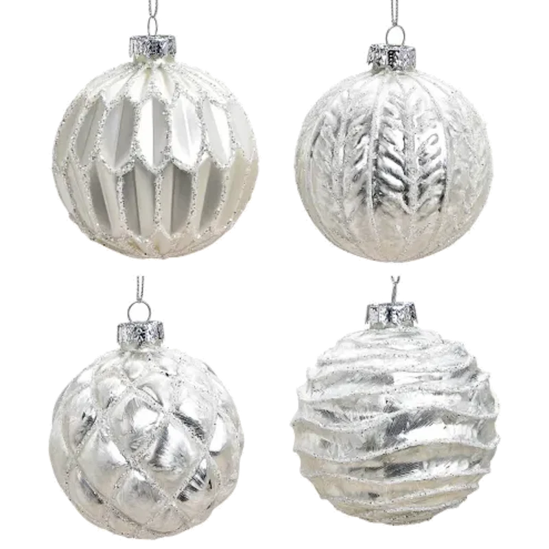 Weihnachtskugel aus Glas Weiß Silber Glitter 8 cm 12er Set