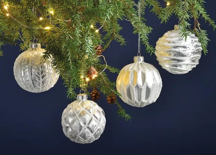 Weihnachtskugel aus Glas Weiß Silber Glitter 8 cm 12er Set