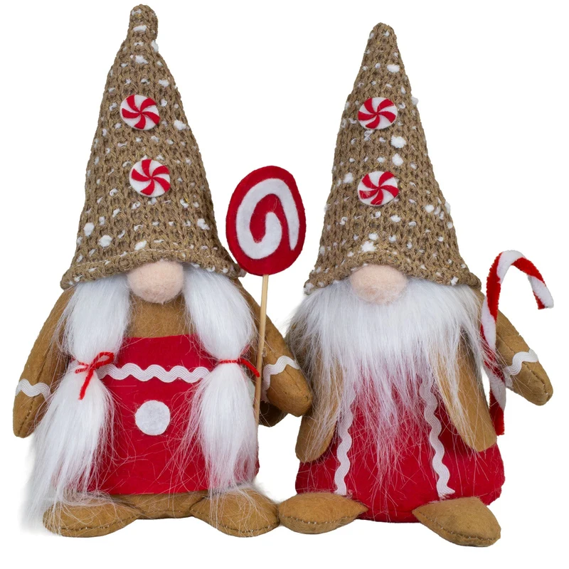 Weihnachtswichtel 25 cm Lebkuchen-Design sitzend 2 Stück süße Lebkuchen-Gnome mit Zuckerstangen, Bonbons & langem Plüschbart