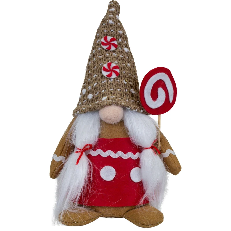 Weihnachtswichtel 25 cm Lebkuchen-Design sitzend 2 Stück süße Lebkuchen-Gnome mit Zuckerstangen, Bonbons & langem Plüschbart