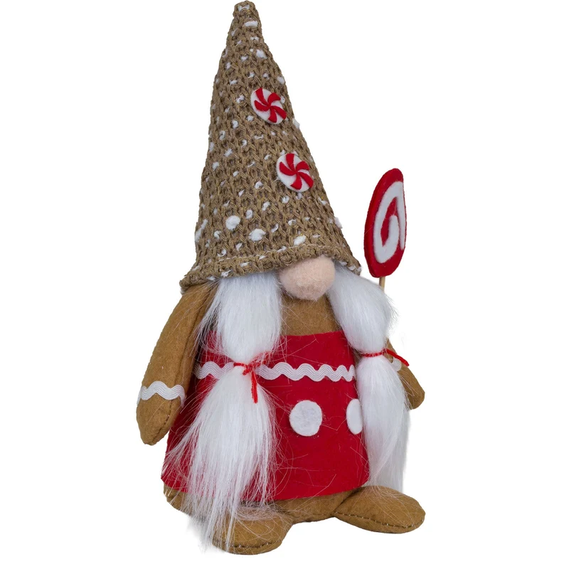 Weihnachtswichtel 25 cm Lebkuchen-Design sitzend 2 Stück süße Lebkuchen-Gnome mit Zuckerstangen, Bonbons & langem Plüschbart