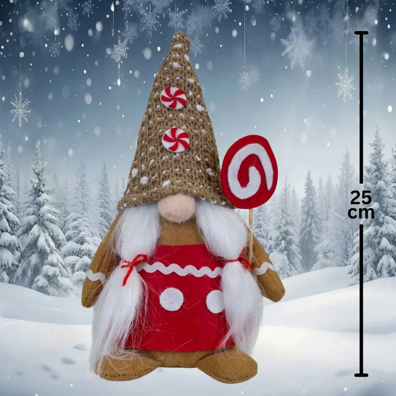 Weihnachtswichtel 25 cm Lebkuchen-Design sitzend 2 Stück süße Lebkuchen-Gnome mit Zuckerstangen, Bonbons & langem Plüschbart