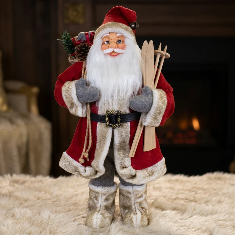 Weihnachtsmann 60 cm Santa mit Skiern und Geschenkesack | Klassische Weihnachtsdekoration