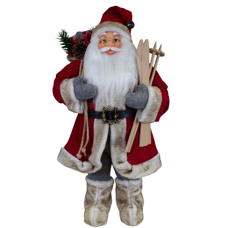 Weihnachtsmann 60 cm Santa mit Skiern und Geschenkesack | Klassische Weihnachtsdekoration