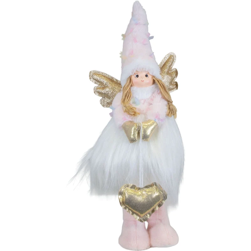 Weihnachtsengel stehend 48 cm – Flauschiger Engel in Weiß und Rosa mit goldenen Flügeln, Herz & Zipfelmütze