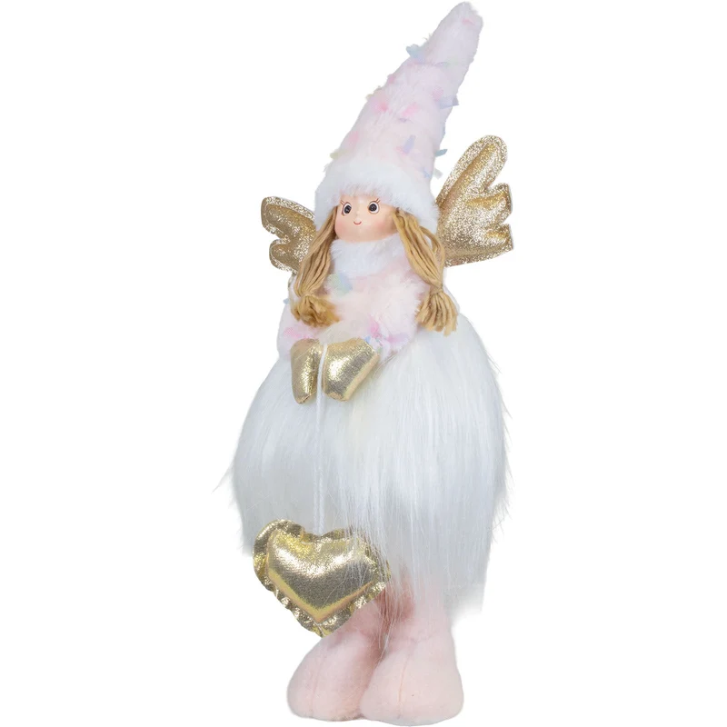 Weihnachtsengel stehend 48 cm – Flauschiger Engel in Weiß und Rosa mit goldenen Flügeln, Herz & Zipfelmütze