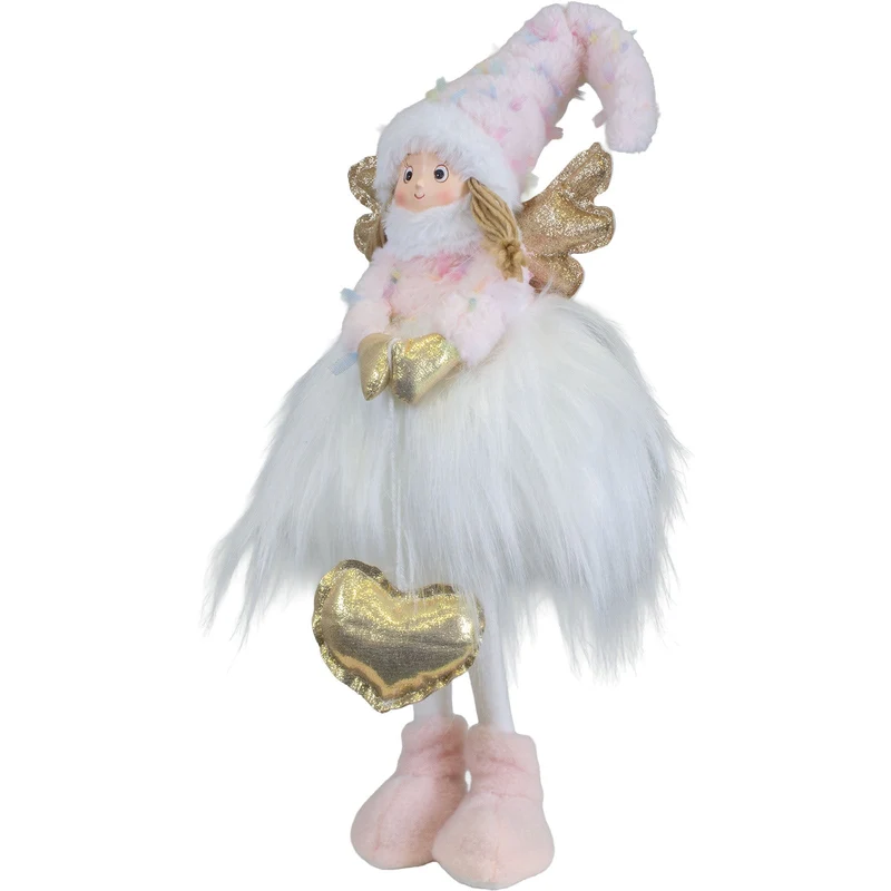 Weihnachtsengel stehend 62 cm – Flauschiger Engel in Rosa und Weiß mit goldenen Flügeln & Herz