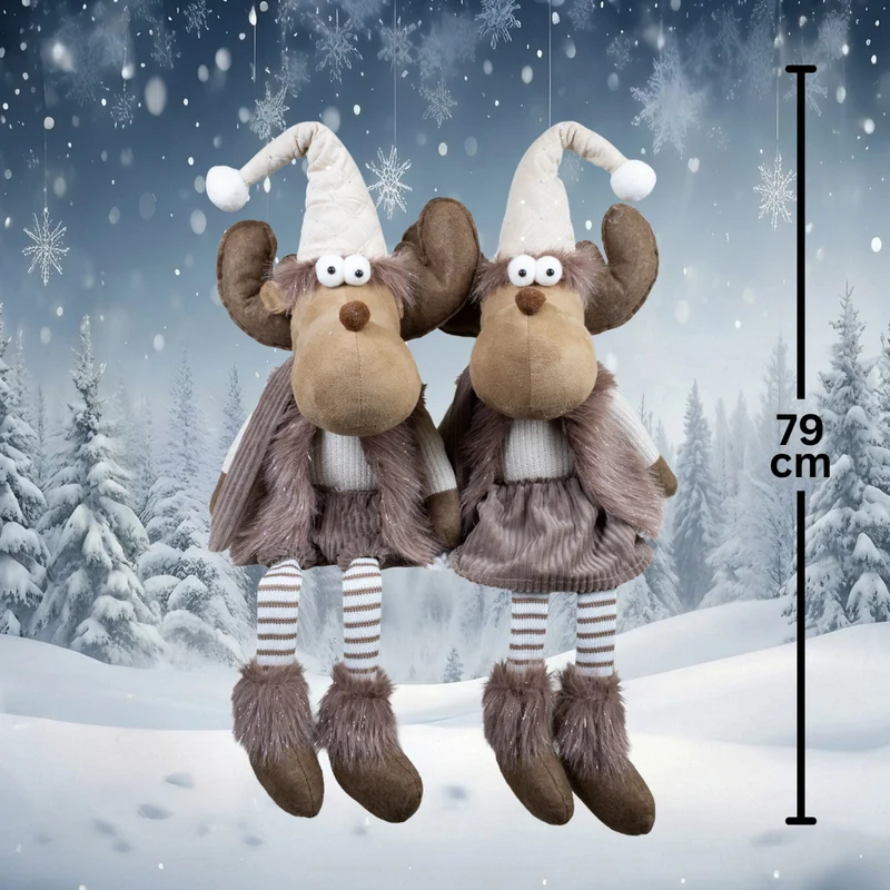 Weihnachtselch Kantenhocker 36cm(79cm) 2 Designs – mit riesigem Geweih, langer Zipfelmütze & gestreiften Beinen