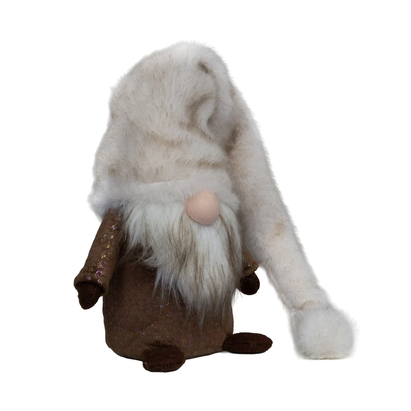 Weihnachtswichtel sitzend 23 cm – 2 Designs in Braun mit flauschiger Zipfelmütze, Plüschbart & Glitzerdetails
