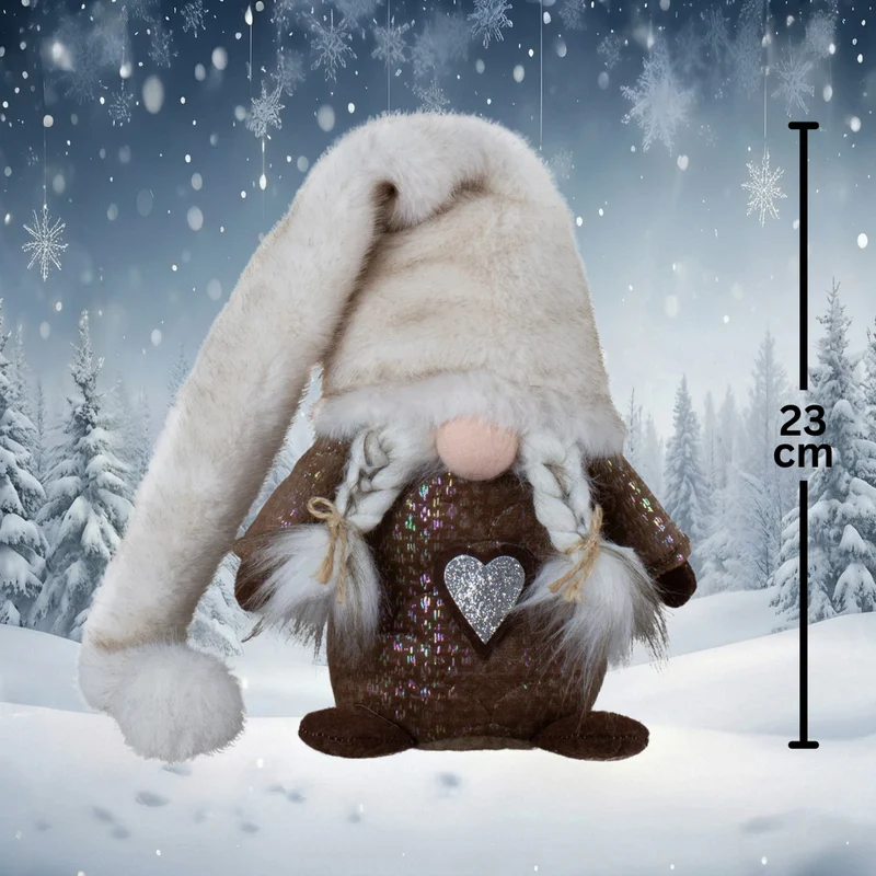 Weihnachtswichtel sitzend 23 cm – 2 Designs in Braun mit flauschiger Zipfelmütze, Plüschbart & Glitzerdetails