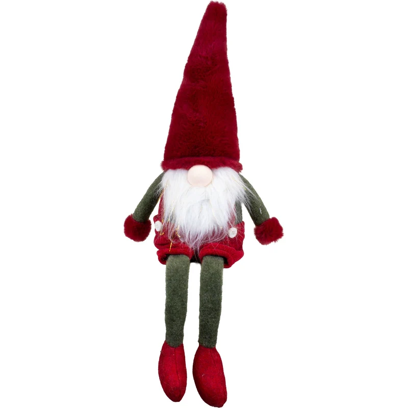 Weihnachtswichtel Kantenhocker 43cm(70cm) – Roter Wintergnom mit langer Plüschmütze, langen Beinen & Glitzerbart