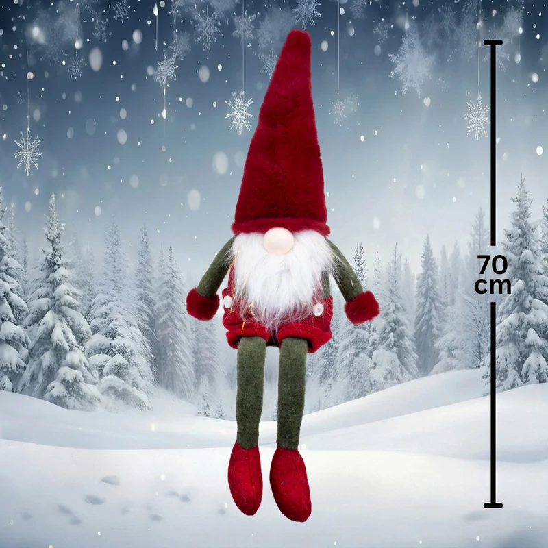 Weihnachtswichtel Kantenhocker 43cm(70cm) – Roter Wintergnom mit langer Plüschmütze, langen Beinen & Glitzerbart