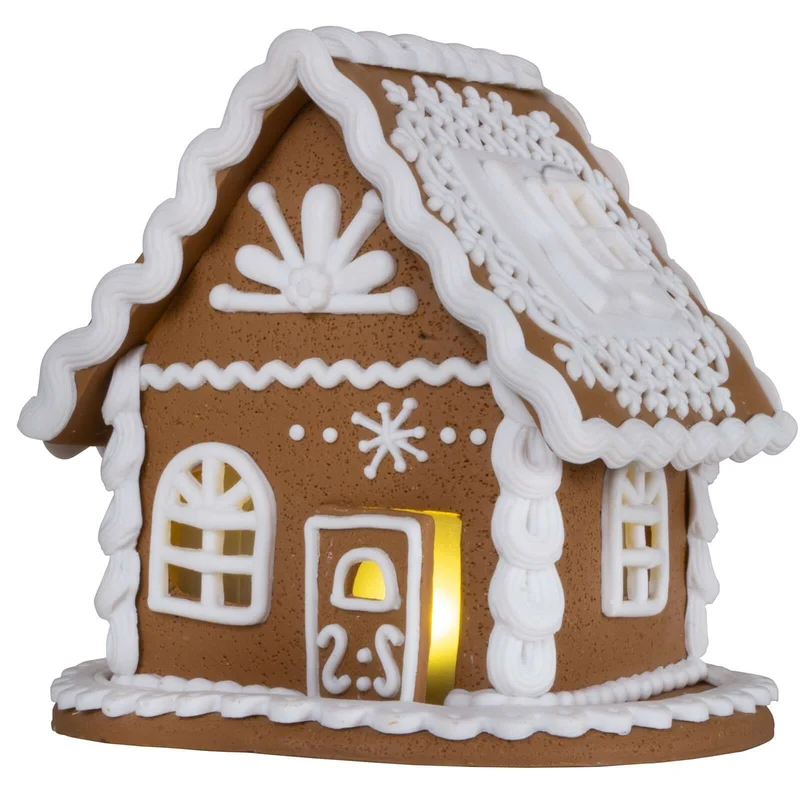 Lebkuchenhaus mit warmweißem LED-Licht und Timer - Größe 13cm Farbe braun