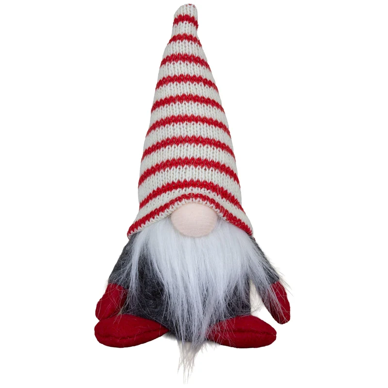Weihnachtswichtel 16cm sitzend 8er Set – Grauer Wintergnom mit rot-weißer Strickmütze und Plüschbart