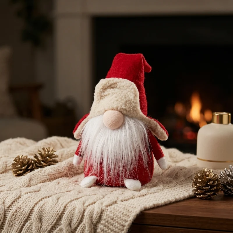 Weihnachtswichtel sitzend 14 cm – Roter Wintergnom mit flauschiger Fliegermütze und langem Plüschbart