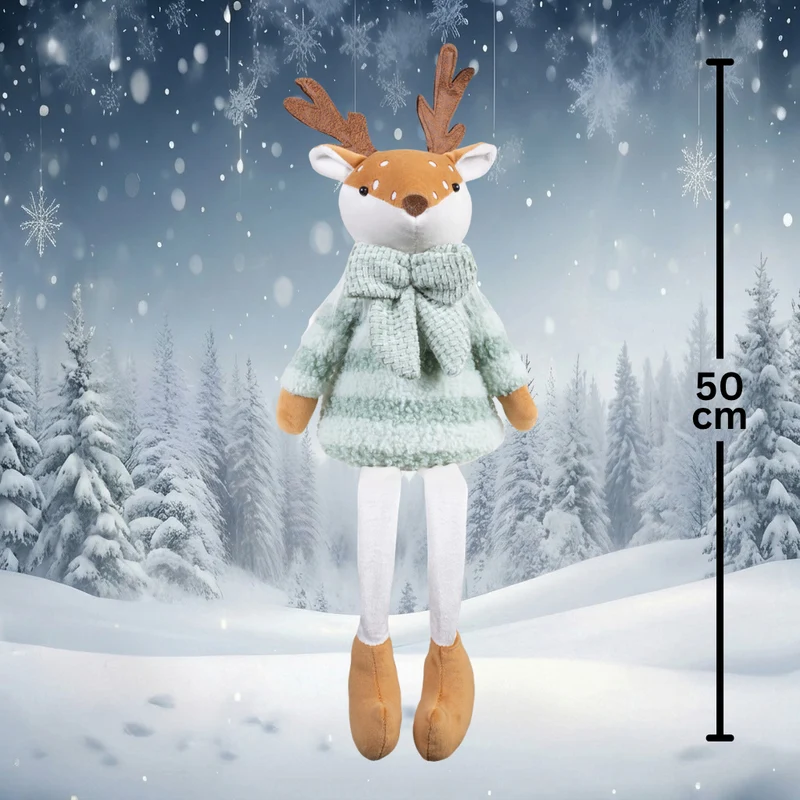 Weihnachtselch Kantenhocker 50 cm – 2er Set mit gleichen Winterelchen in Mintgrün, Schal & langen Beinen