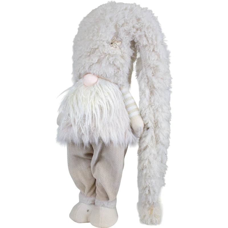 Weihnachtswichtel stehend 63 cm – Flauschiger Wintergnom in Beige mit Glitzerbart und langer Zipfelmütze