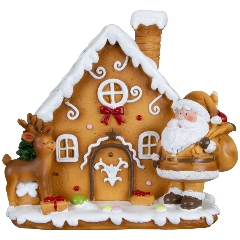 Lebkuchenhaus 13 cm – Handgefertigtes Dekohaus mit Weihnachtsmann und Rentier | Weihnachtsdekoration