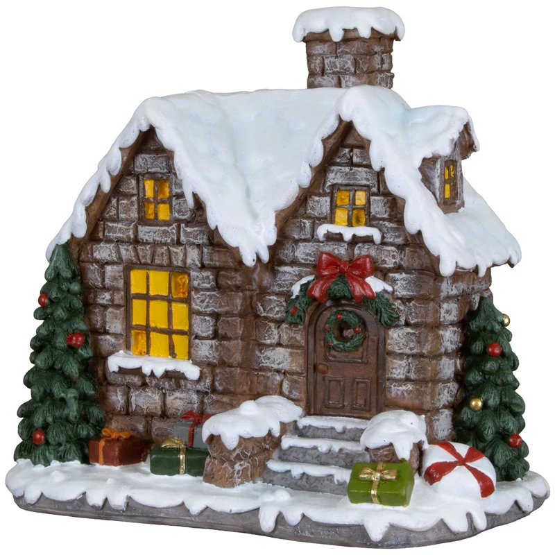 Lebkuchenhaus 15 cm – Handgefertigtes Dekohaus mit Tannenbäumen und Geschenken | Weihnachtsdekoration