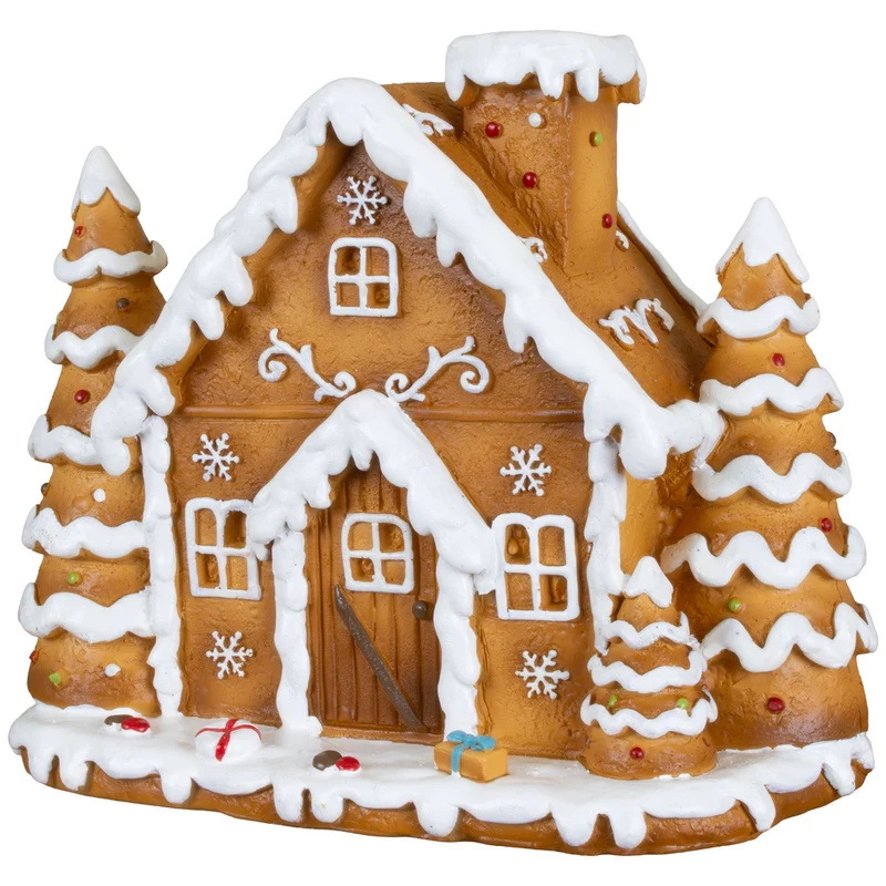 Lebkuchenhaus 14 cm – Handgefertigtes Dekohaus mit verschneiten Tannenbäumen | Weihnachtsdekoration