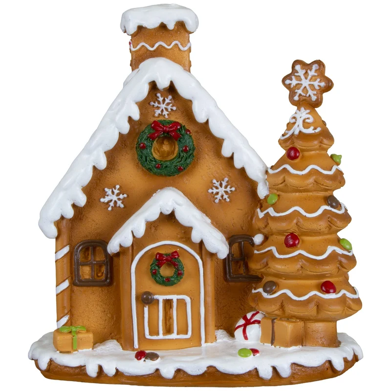 Lebkuchenhaus 14 cm – Handgefertigtes Dekohaus mit Tannenbaum und Weihnachtskranz | Weihnachtsdekoration