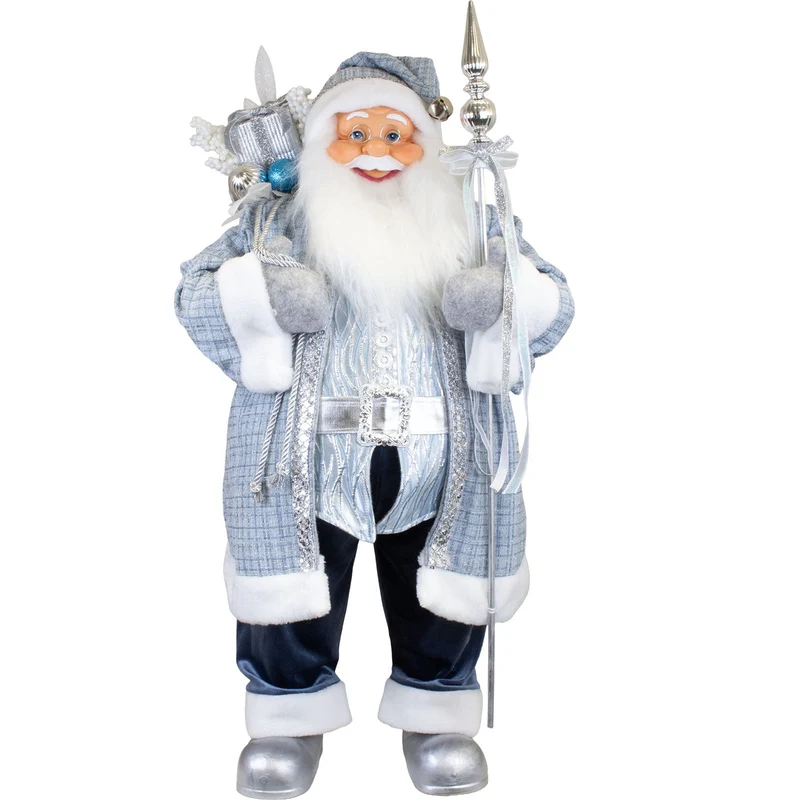 Weihnachtsmann 80 cm in Silber-Blau mit Zepter und Geschenksack
