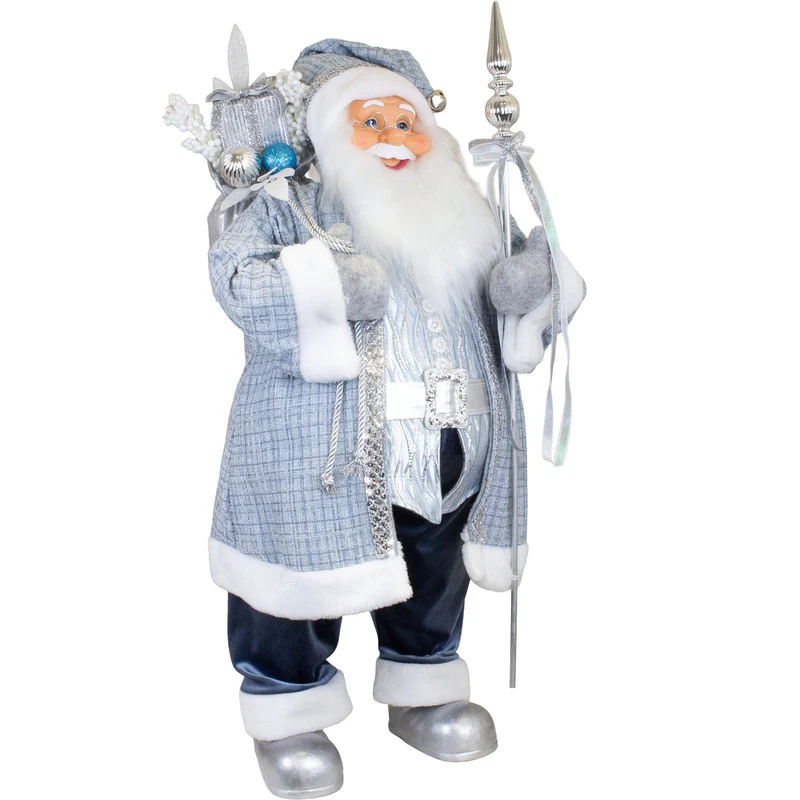 Weihnachtsmann 80 cm in Silber-Blau mit Zepter und Geschenksack