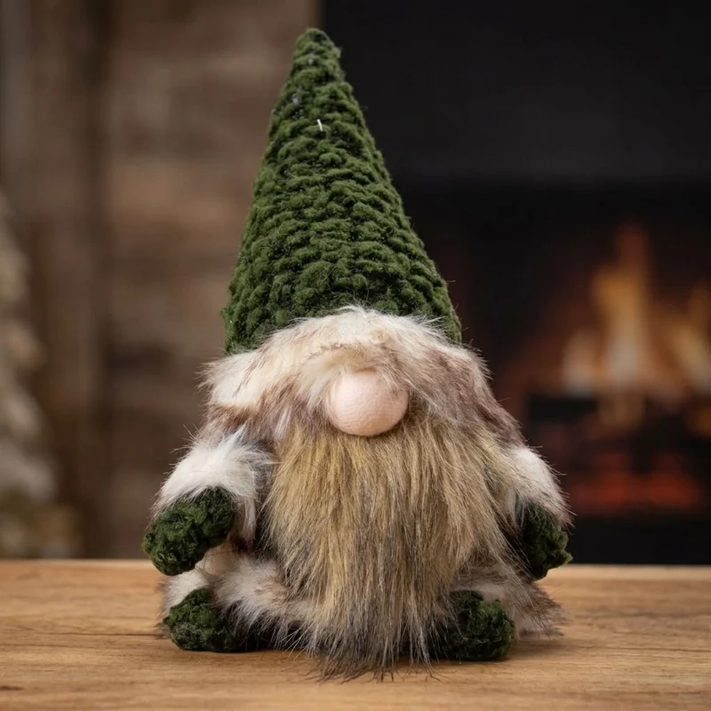 Gnom sitzend 30 cm – Rustikaler Weihnachtswichtel mit flauschigem Bart und grüner Plüschmütze