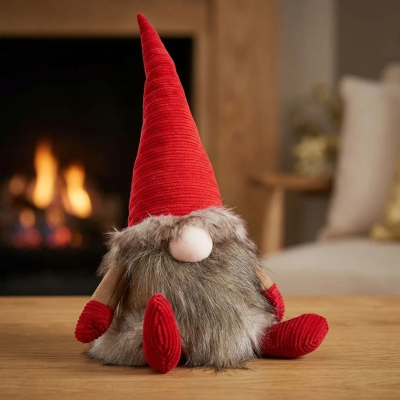 Gnom sitzend 31 cm – Flauschiger Weihnachtswichtel mit roter Zipfelmütze und wuscheligem Bart