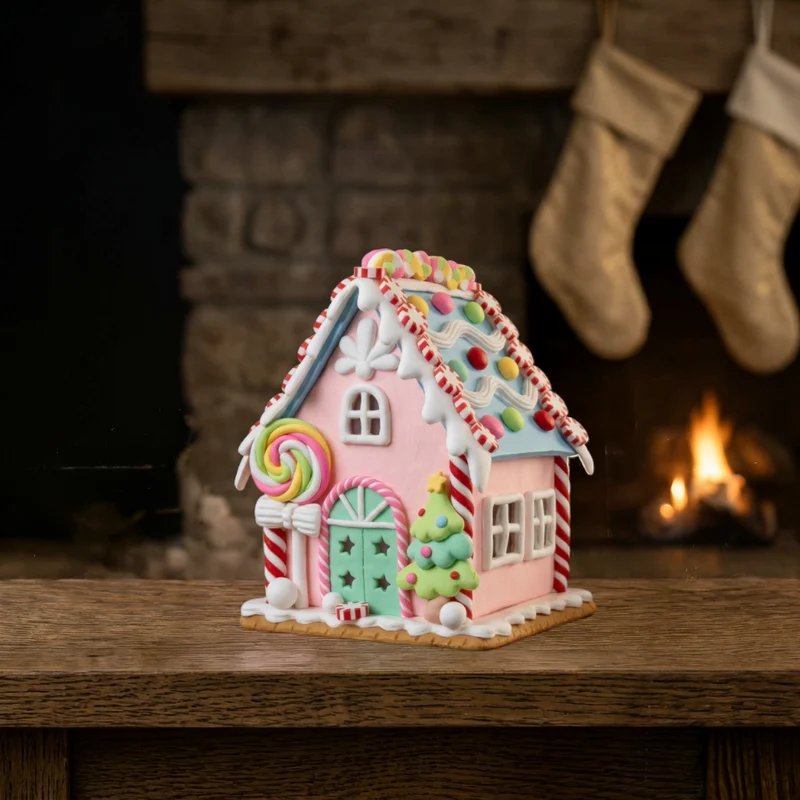 Buntes LED-Lebkuchenhaus 13cm mit Lolli, Weihnachtsbaum & Lichtern