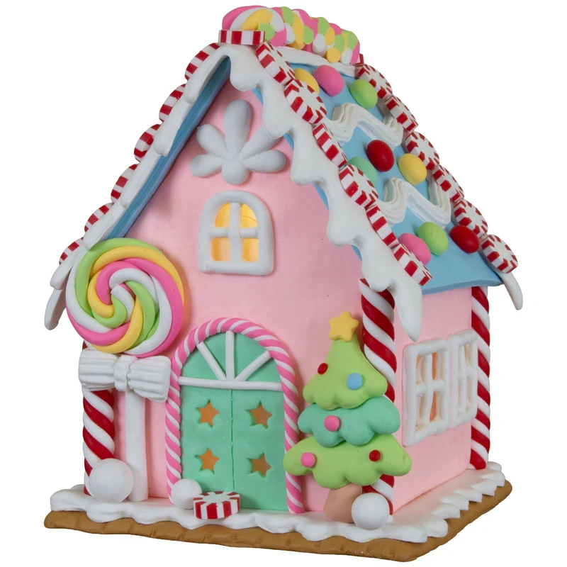 Buntes LED-Lebkuchenhaus 13cm mit Lolli, Weihnachtsbaum & Lichtern