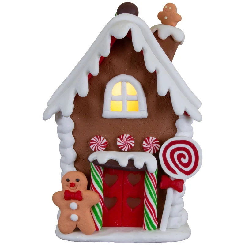Festlich geschmücktes LED-Lebkuchenhaus 14cm mit Lolli & Lebkuchenmann