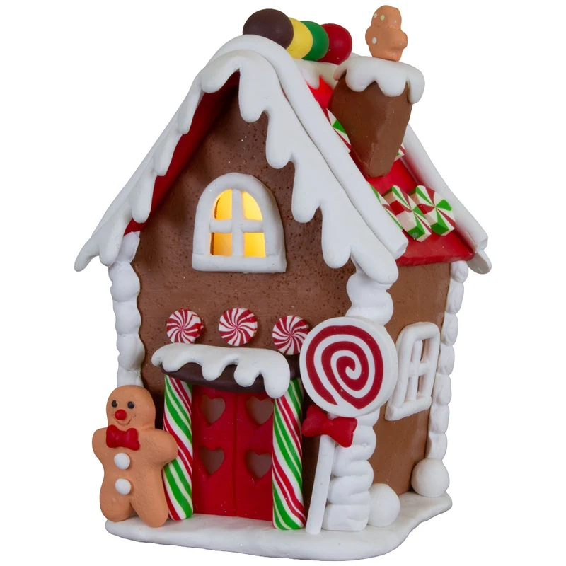 Festlich geschmücktes LED-Lebkuchenhaus 14cm mit Lolli & Lebkuchenmann