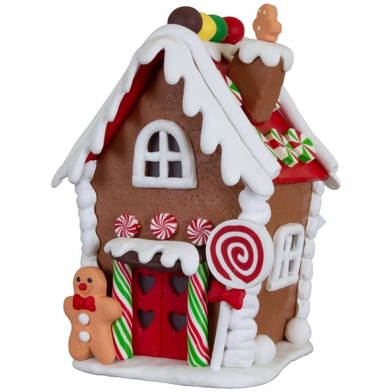 Festlich geschmücktes LED-Lebkuchenhaus 14cm mit Lolli & Lebkuchenmann