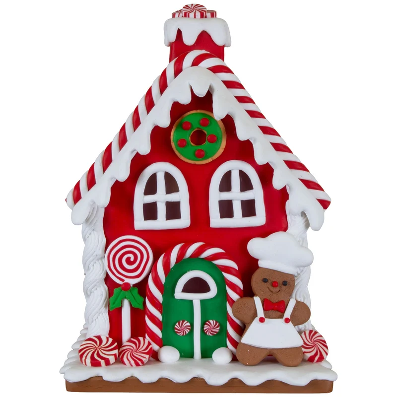 Rotes LED-Lebkuchenhaus 17cm – Zuckerstangen, Lolli & Lebkuchenmann
