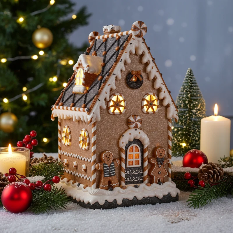 LED Lebkuchenhaus 51cm braun und weiß