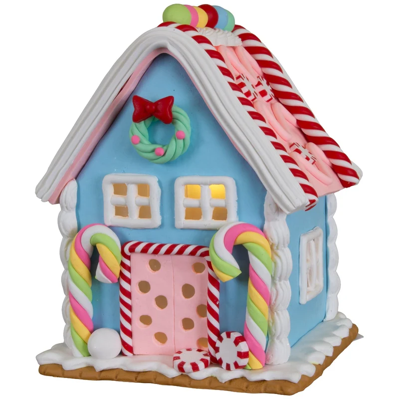 LED Lebkuchenhaus 13 cm – Pastellfarbenes Dekohaus mit Zuckerstangen