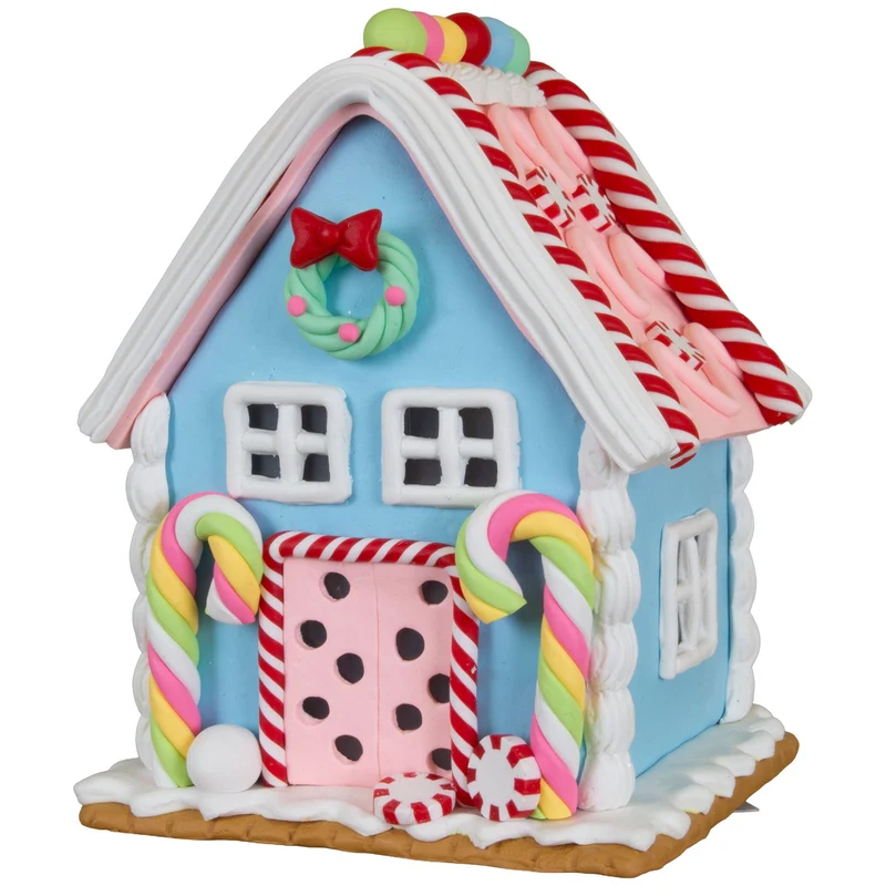 LED Lebkuchenhaus 13 cm – Pastellfarbenes Dekohaus mit Zuckerstangen