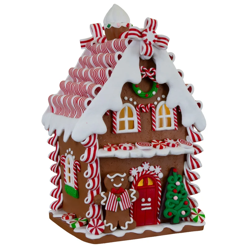 Leuchtendes Lebkuchenhaus 21 cm – Dekohaus mit Zuckerstangen-Details