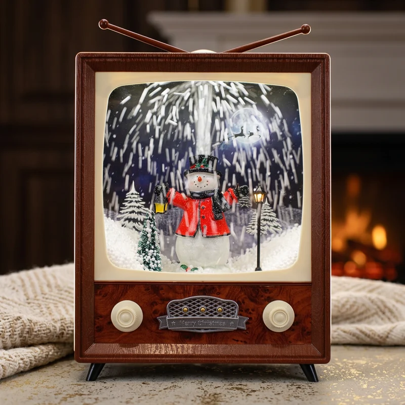 LED Schneelaterne Schneemann TV 30cm mit Musik, Licht und Schneewirbel