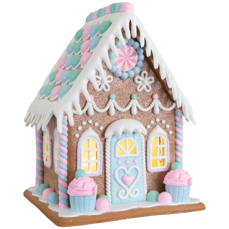 LED Lebkuchenhaus 20 cm – Pastellfarbenes Dekohaus mit Muffins, LED & Timer