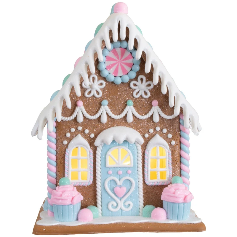 LED Lebkuchenhaus 20 cm – Pastellfarbenes Dekohaus mit Muffins, LED & Timer