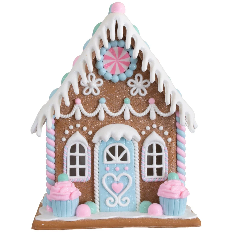 LED Lebkuchenhaus 20 cm – Pastellfarbenes Dekohaus mit Muffins, LED & Timer