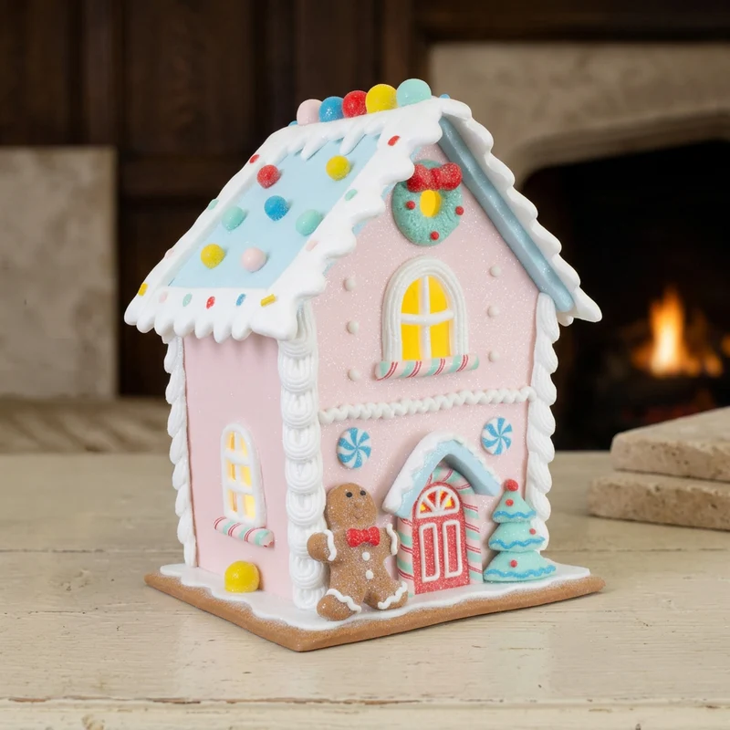 LED Lebkuchenhaus 21 cm – Pastellfarbenes Dekohaus mit Lebkuchenfigur