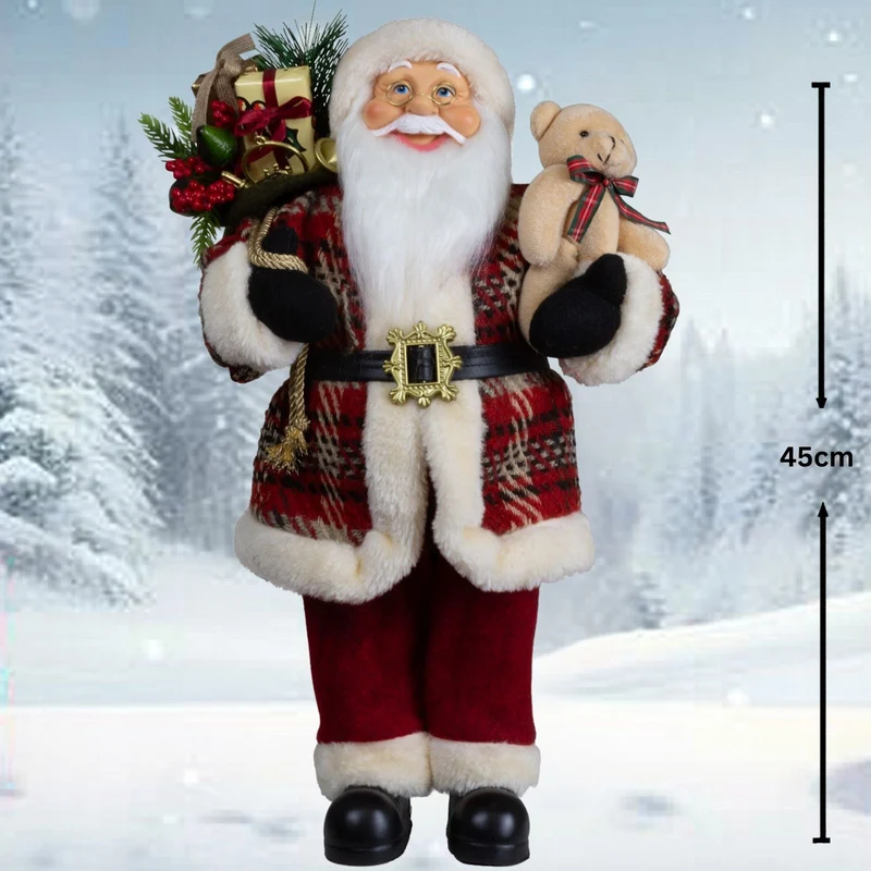 Weihnachtsmann 45cm Santa mit Kurzem Mantel in Karomuster und Teddybär