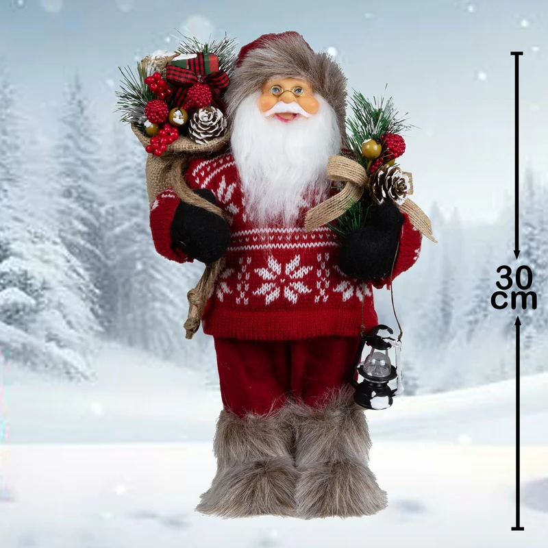 Weihnachtsmann 30 cm stehend mit Laterne, Stiefel mit Fellbesatz, Jutesack und Winterzweigen
