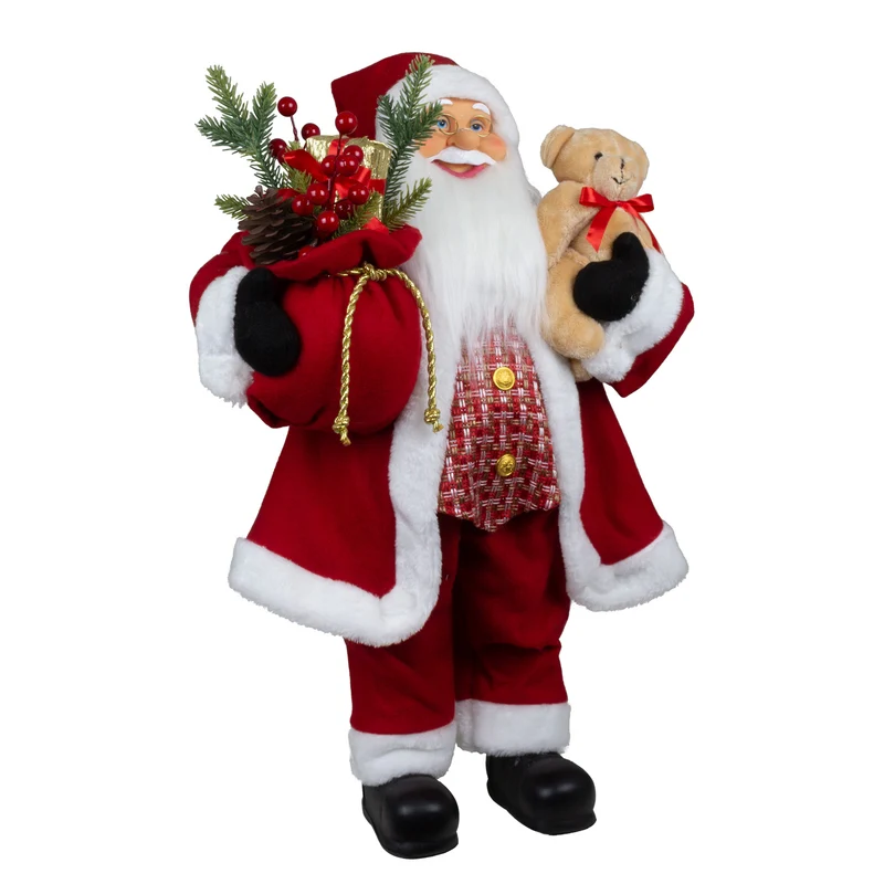 Weihnachtsmann 60cm Santa stehend mit Langem Mantel und Teddybär
