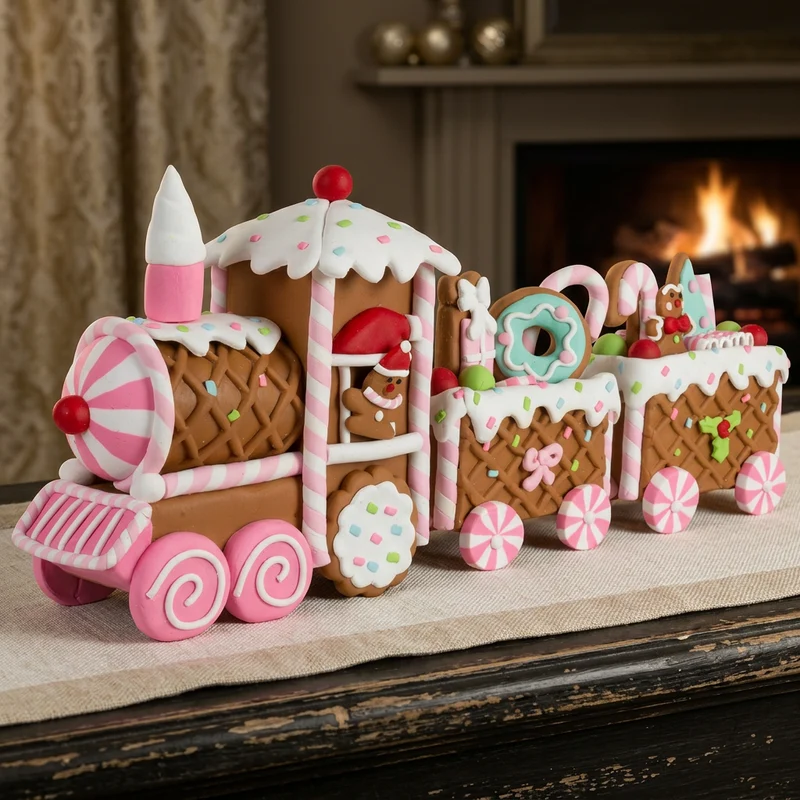 Rosa Lebkuchenzug 33cm – verspielte Weihnachtsdeko mit 2 Wagen