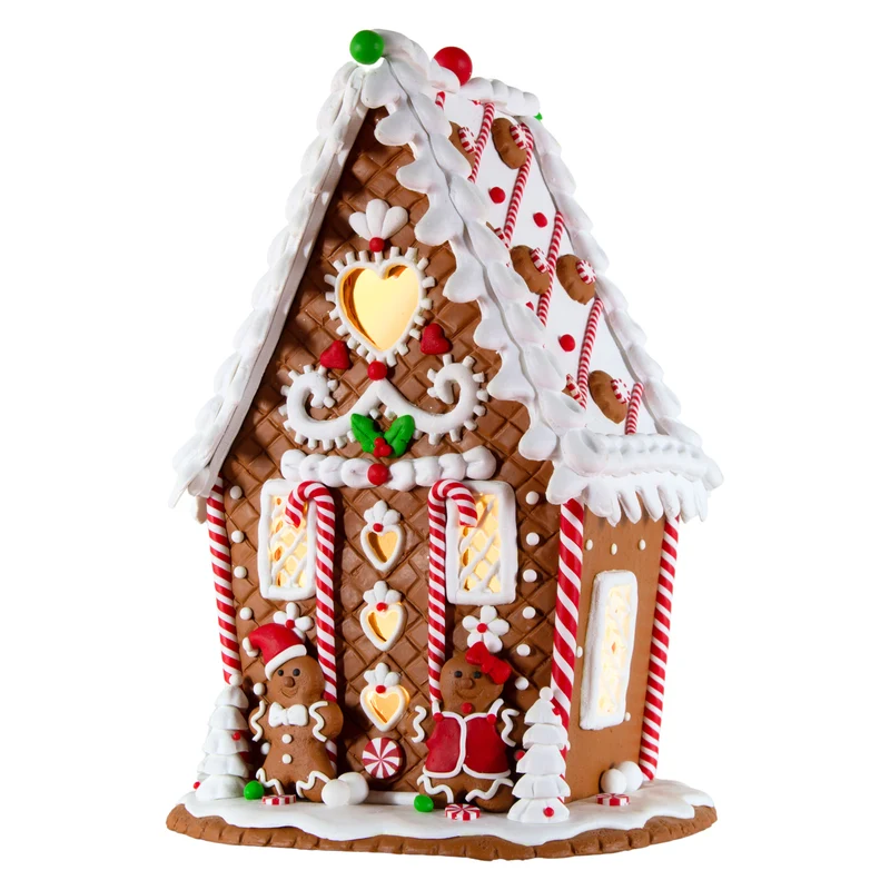 Festlich verziertes LED-Lebkuchenhaus mit Lebkuchenfiguren 23cm